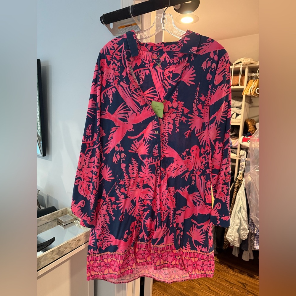 Lilly Pulitzer  Lilith Tunic Dress Vibrant Pink and Blue Tropical Print Dress